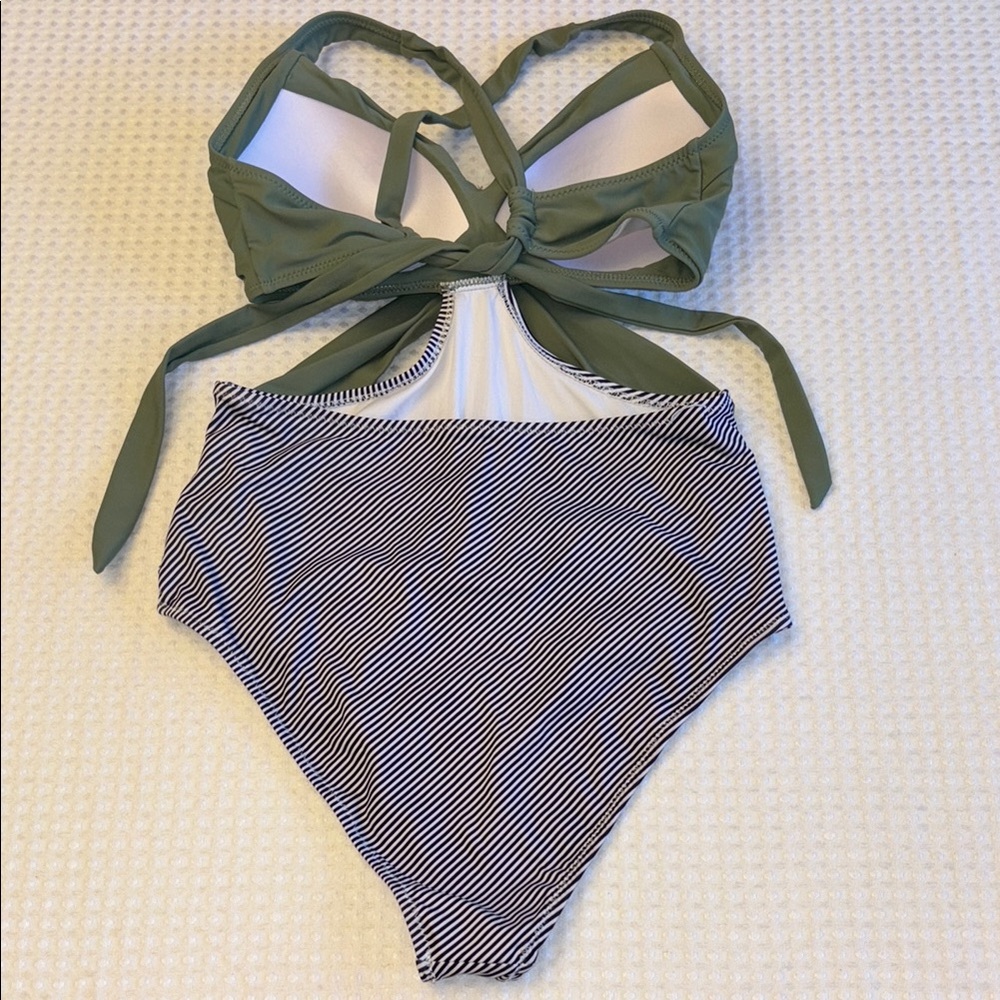 Medium Olive Sage Green Black White Striped Monokini One Piece Swimsuit - Picture 7 of 16